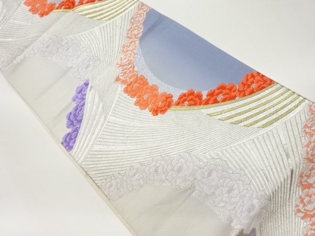 変わり扇に花々模様織出し袋帯